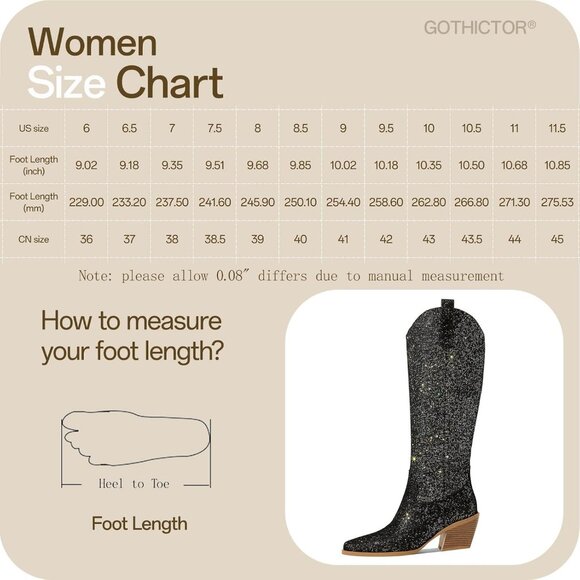 Gothictor Knee Boots Women's Fantasy Glitter Pointed Toe Chunky Heel Side Zipper - Picture 3 of 6